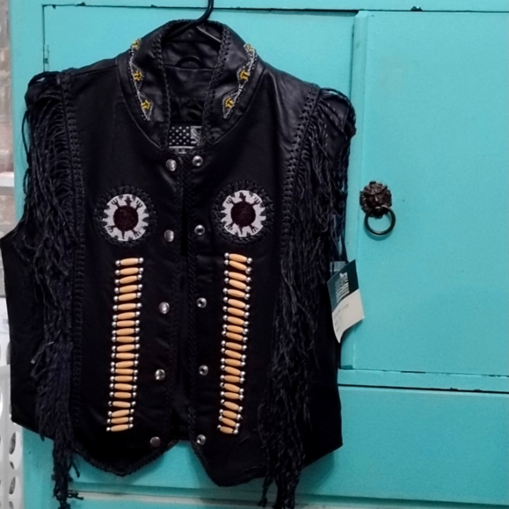NWT black leather USA bikers dream apparel beaded medium vest